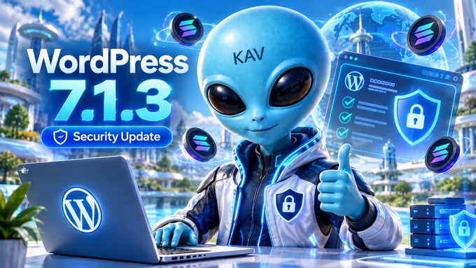 A futuristic promotional graphic announces 'WordPress 7.1.3 Security Update' featuring a cartoon blue alien mascot named KAV giving a thumbs-up next to a laptop and security shield icons.