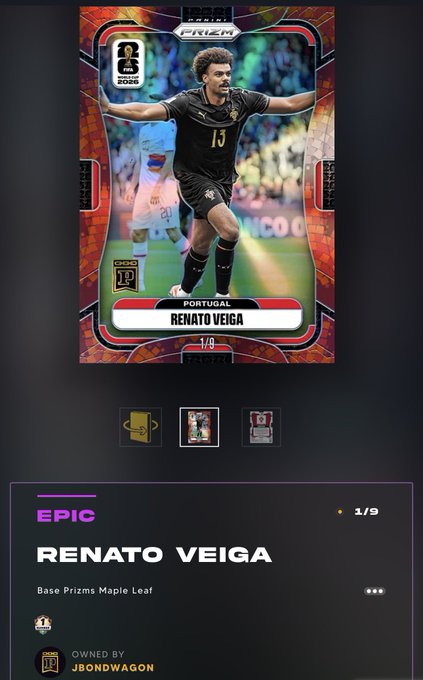 A digital trading card featuring Portugal's Renato Veiga in a black kit with arms outstretched, displayed on the Panini Blockchain platform. The "EPIC" tier card is numbered 1/9, owned by user "JBONDWAGON," with the "Base Prizms Maple Leaf" set designation visible — a rare serial #1 pull that the post celebrates.
