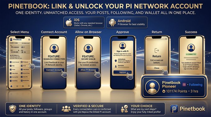 A promotional graphic for Pinetbook showing a six-step phone tutorial on how to link and unlock a Pi Network account, featuring steps like "Select Menu," "Connect Account," "Allow on Browser," "Approve," "Return," and "Success," which illustrates the account-linking process highlighted in the caption.