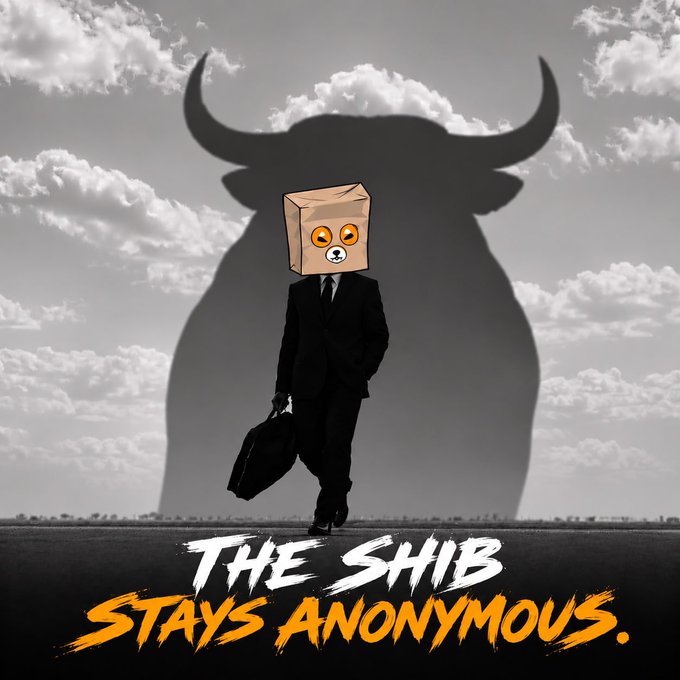 An illustration of a person in a suit with a paper bag over their head standing in front of a large shadow resembling a bull, with the text 'The Shib Stays Anonymous.'