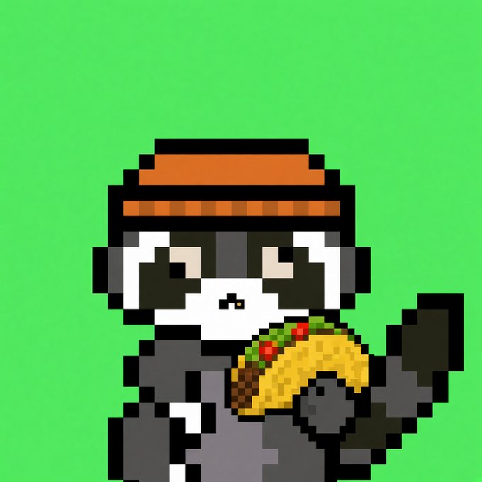 A pixel art character wearing a hat and dark goggles holds a taco against a bright green backdrop.