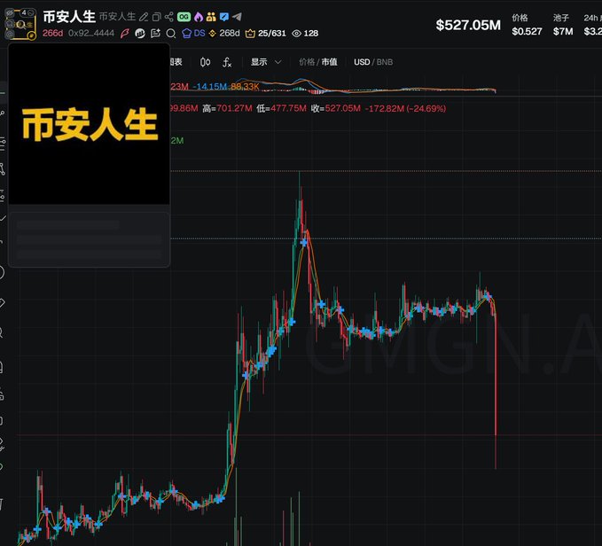 A cryptocurrency price chart displays "币安人生" (Binance Life) trading on BNB chain, currently priced at $527.05M with a 24-hour drop of 24.69% to $0.527, visually confirming the post's claim that "Binance life straight-up dumped the market" with a sharp red candle reflecting the steep decline.