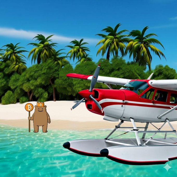 A 3D-rendered scene showing a cartoon Bitcoin bear character holding a staff on a tropical beach, with a red and white seaplane in turquoise water and palm trees in the background.