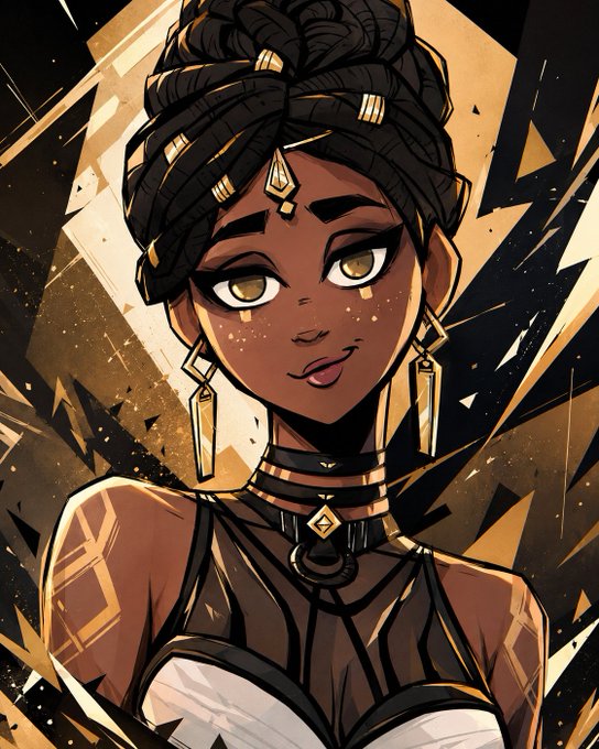 Stylized digital illustration of a woman with dark skin, locs styled in an updo, gold jewelry, and a black and white outfit, set against a geometric black and gold background.