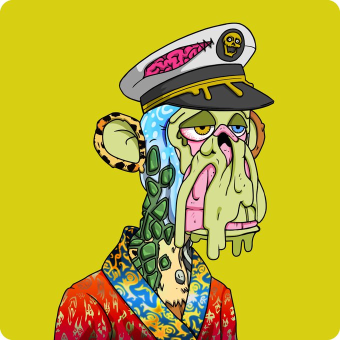 A digital illustration of a grotesque, melting zombie-like figure with a long drooping nose, wearing a sailor's cap with an exposed brain, leopard-print ears, and a colorful patterned robe against an olive green background.
