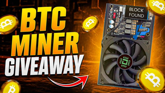 A promotional graphic for a Bitcoin miner giveaway featuring bold yellow and white text reading "BTC MINER GIVEAWAY" alongside an image of a Block Found Power Mining 10 cryptocurrency mining device with a cooling fan, surrounded by floating Bitcoin coin graphics against a fiery orange background, with a red arrow pointing toward the contest entry information for TechHustler and MiningDisrupt's final week giveaway.