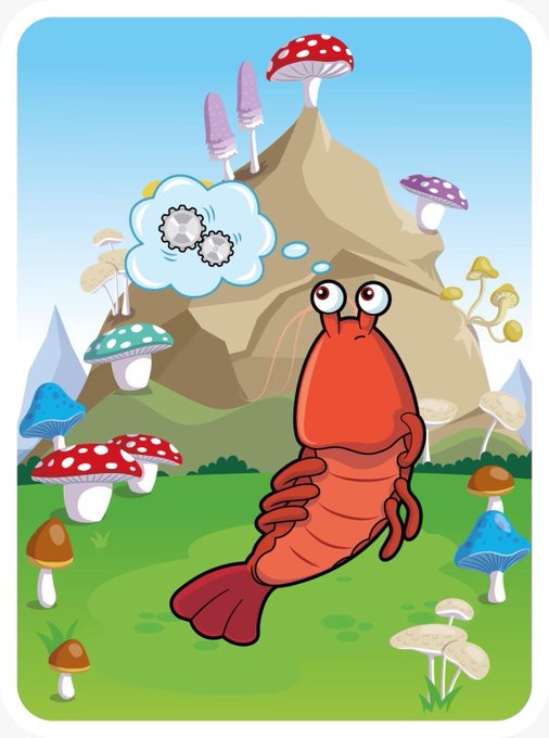 A whimsical cartoon illustration of a smiling red shrimp or lobster character with large googly eyes, standing in a grassy field filled with colorful spotted mushrooms, with a thought bubble showing gears above its head.