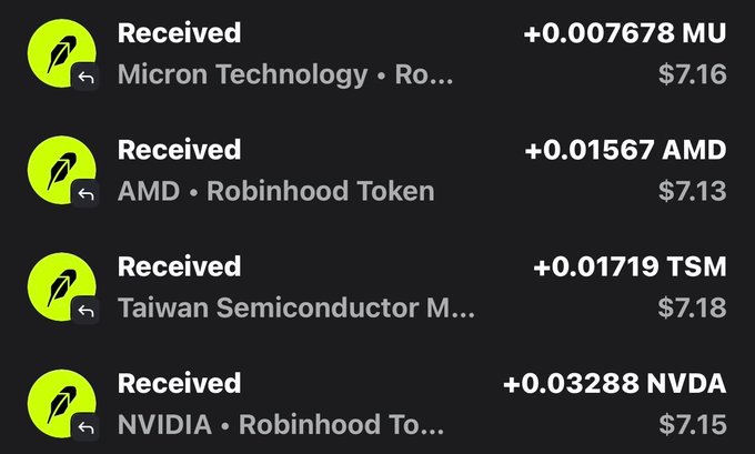 A list of received stock/token rewards including Micron Technology (MU) $7.16, AMD (Robinhood Token) $7.13, Taiwan Semiconductor (TSM) $7.18, and NVIDIA (NVDA) $7.15.