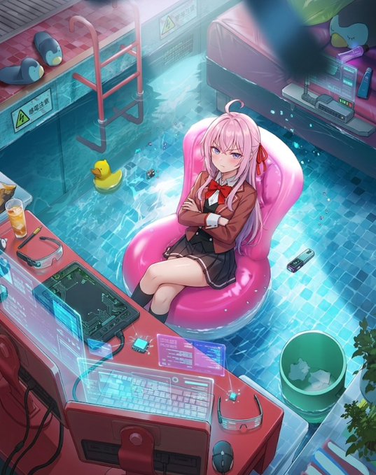 Anime-style illustration of a pink-haired girl in a school uniform sitting in a pink inflatable chair, surrounded by electronic components, holographic screens, and a yellow rubber duck in a watery room.