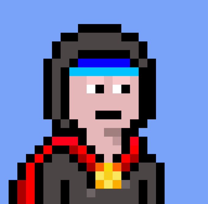 A pixel art portrait of a character with dark hair, a blue headband, and a red and yellow outfit against a light blue background, fitting the casual, retro style associated with the Nakamigos NFT collection theme "Comfy with Nakamigos."