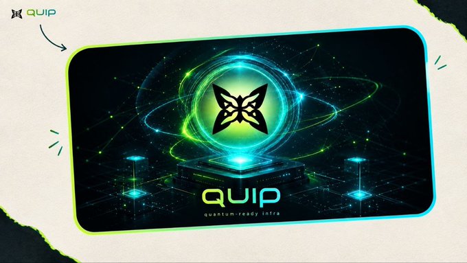 A digital graphic featuring the 'QUIP' logo with the tagline 'quantum-ready infra' inside a glowing green butterfly emblem, set against a dark technological background with light effects.