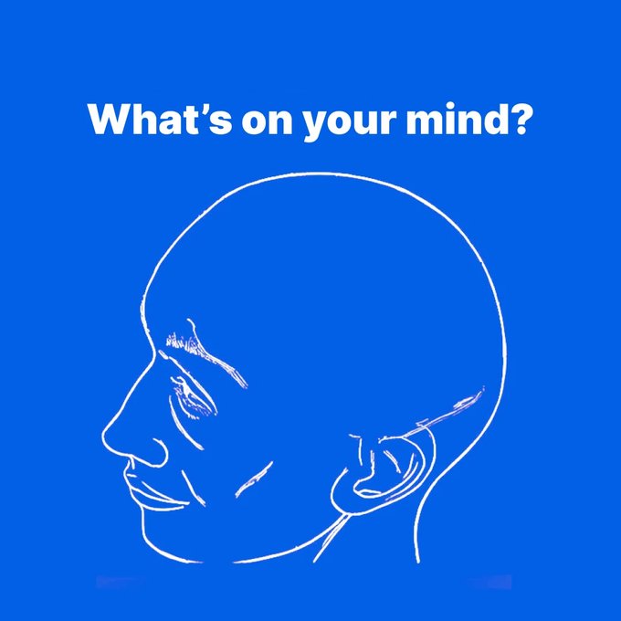A blue graphic featuring a white line-drawing of a person's profile with the text 'What's on your mind?' above it.