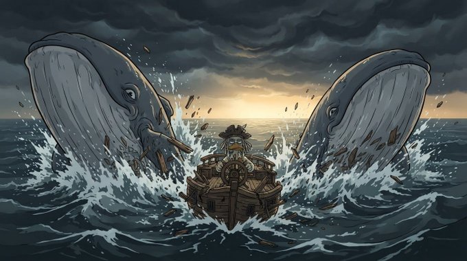 A small wooden ship sails through stormy, turbulent waters as two massive whales emerge on either side, their enormous heads looming over the vessel amidst splashing waves and a dark, dramatic sky. The image visually represents the post's metaphor of "two whales" impacting the ship (likely referencing large investors or trades affecting a stock), with the cracked but intact hull symbolizing resilience under pressure—tied to the ticker $GUGO.