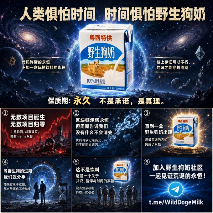 A Chinese-language promotional poster for "野生狗奶" (Wild Dog Milk) cryptocurrency meme featuring milk carton imagery, cosmic backgrounds, and a link to t.me/WildDogeMilk, with panels referencing meme immortality and community building.