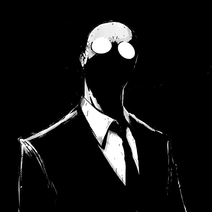A black-and-white manga-style illustration of a man in a suit with round glasses, his face obscured in shadow as light shines from behind and reflects off his glasses.