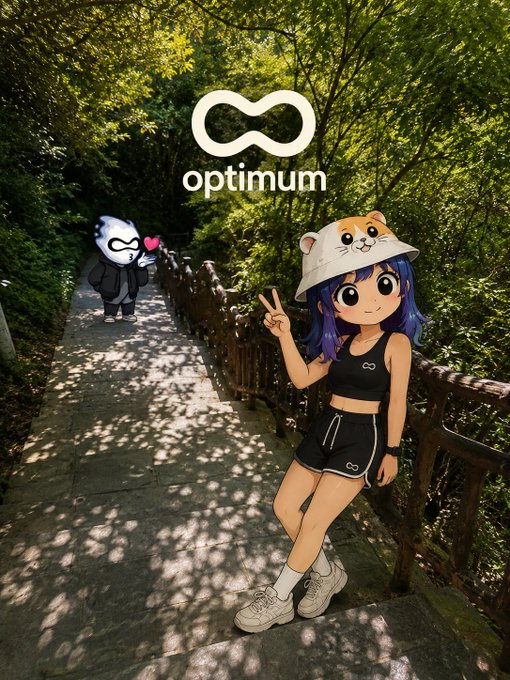 An anime-style girl with purple hair wearing a tan animal-eared bucket hat and black athletic outfit posing on a forest pathway, with an 'optimum' logo above and a small masked character in the background.