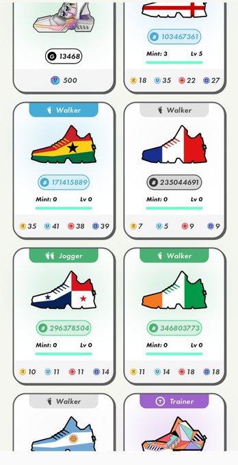 The image shows a collection of digital sneaker NFTs from the #STEPN game, displaying various sneakers with stats like "Walker," "Jogger," and "Trainer" labels, alongside numerical values (e.g., 103467361, 171415889) and attributes such as efficiency, luck, comfort, and resilience. The post's reference to "Messi's uniform" relates to one of the sneakers featuring what appears to be the Argentina flag (light blue and white with a star), which the user likely wants to complete their collection.