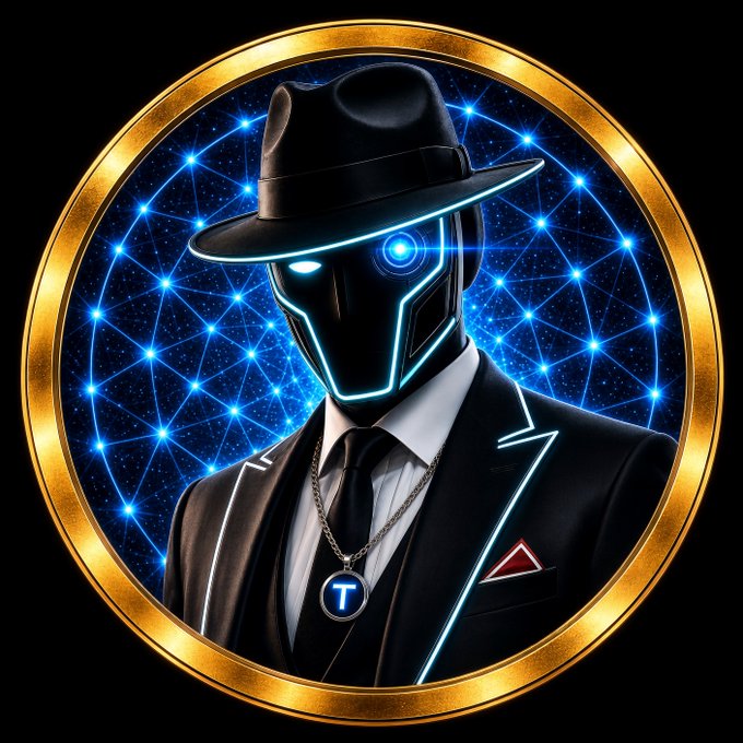 A sleek, futuristic figure in a black suit and fedora wears a glowing robotic mask with a "T" medallion, framed by a golden ring against a cosmic starfield—symbolizing $TCAT's bold, high-tech ascent.