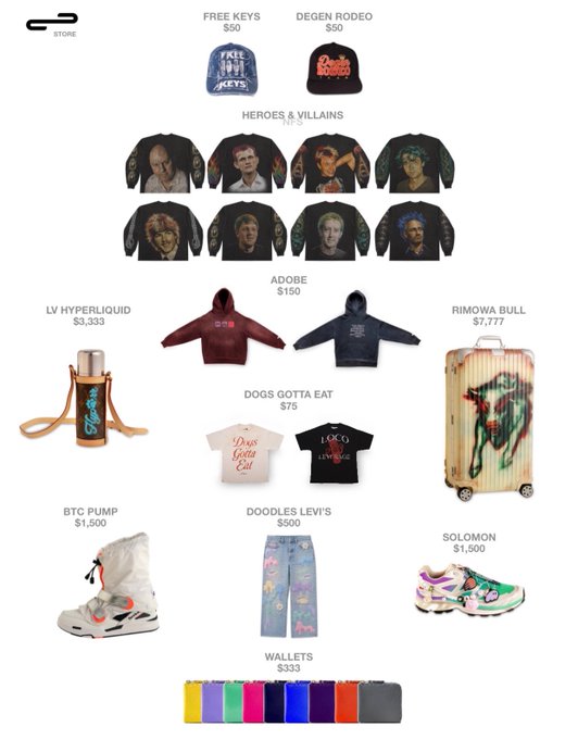 A crypto-themed merchandise store page displaying items including 'FREE KEYS', 'DEGEN RODEO', 'HEROES & VILLAINS' jackets ($1,950), 'LV HYPERLIQUID' ($3,333), 'RIMOWA BULL' ($7,777), 'BTC PUMP' boots ($1,500), 'DOODLES LEVI'S' ($500), and 'SOLOMON' sneakers ($1,500).