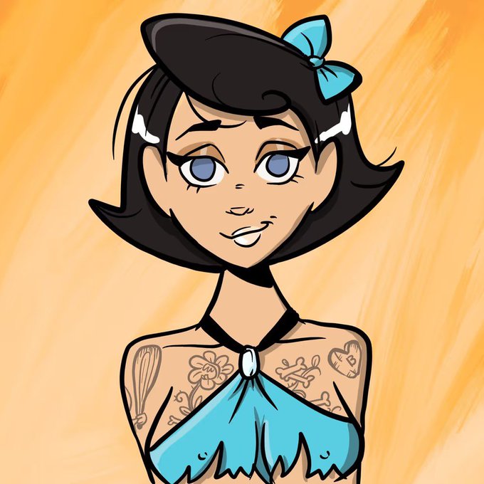 A cartoon illustration of a female character with short black hair, a blue beret with a bow, and tattoos on her chest, wearing a torn blue top against an orange background.