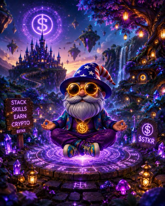 A vibrant fantasy illustration of a gnome with an American flag hat and golden Bitcoin medallion sitting in a meditative pose on a glowing magic circle, with a sign reading 'STACK SKILLS EARN CRYPTO' and '$TKR' symbols in the background.
