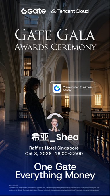 An event invitation for the 'GATE GALA AWARDS CEREMONY' by Gate and Tencent Cloud at Raffles Hotel Singapore on Oct 8, 2026, features a woman in a classical building and a Google search bar reading 'You're invited to witness history'.