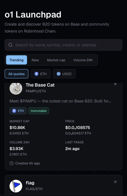 The image shows the "o1 Launchpad" interface, a platform for creating and discovering B20 tokens on Base and community tokens on Robinhood Chain. "The Base Cat" ($PAMPU/ETH) is highlighted as the #1 trending coin, displayed with a market cap of $10.86K, a price of $0.0₁108575, and a 24h volume of $3.93K, supporting the post's claim about $PAMPU trending on Base B20.