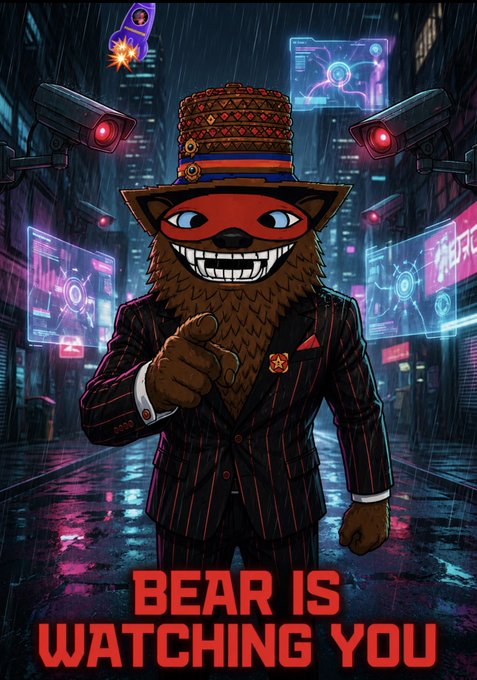 A neon-lit cyberpunk-style illustration of a grinning bear in a pinstripe suit and decorated hat pointing at the viewer, with 'BEAR IS WATCHING YOU' text and surveillance cameras in the background.