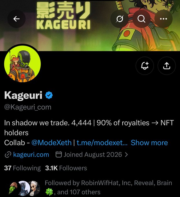 A Twitter/X profile page for 'Kageuri' (@Kageuri_com) showing Japanese text '影売り', a verified badge, 3.1K followers, and a bio mentioning 'In shadow we trade. 4,444 | 90% of royalties → NFT holders'.