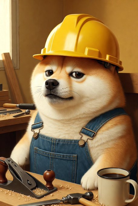 An adorable digital illustration of a Shiba Inu dog wearing a yellow hard hat and denim overalls, sitting at a woodworking bench with a hand plane, hammer, and coffee mug.