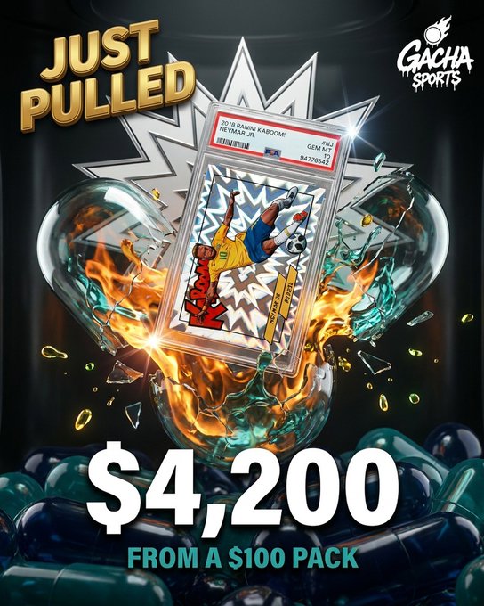 A promotional graphic shows a 'JUST PULLED' soccer trading card featuring KABOOM! Neymar Jr, valued at $4,200 from a $100 pack, branded as Gacha Sports.