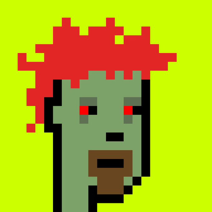 A piece of pixel art depicting a zombie-like figure with bright red hair and glowing red eyes against a solid green background.