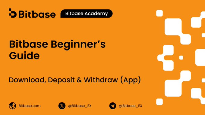 The image is a promotional graphic for Bitbase Academy featuring an orange background with the Bitbase logo, a patterned design on the right side, and text reading "Bitbase Beginner's Guide" and "Download, Deposit & Withdraw (App)," along with social media handles and the website Bitbase.com. It visually introduces the accompanying tutorial content about mastering crypto fund transfers through app download, deposits, and secure withdrawals.