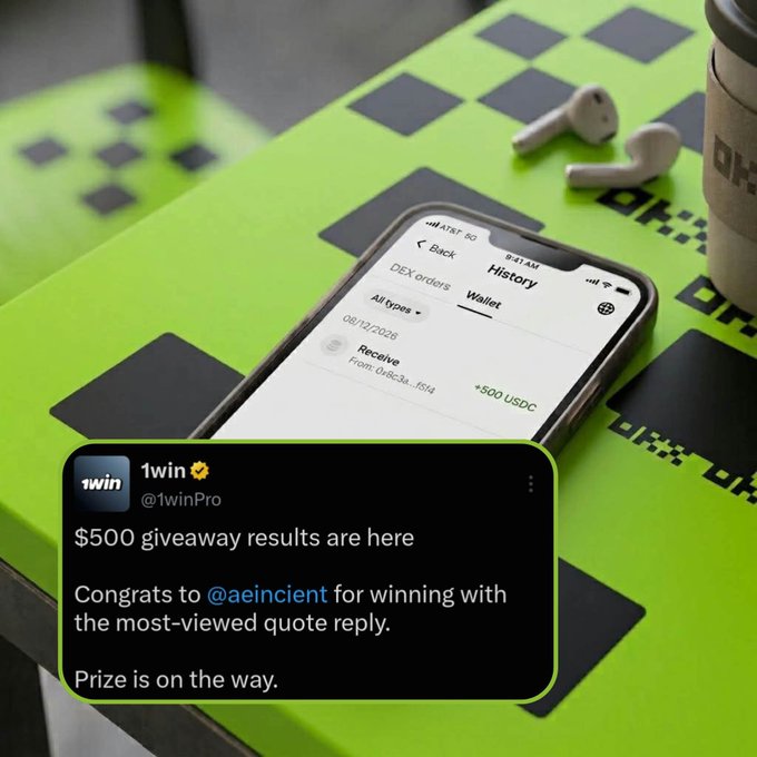 A promotional image showing a smartphone displaying a crypto wallet transaction of '+500 USDC', alongside a tweet from @1winPro announcing '$500 giveaway results' won by @aeincleint.