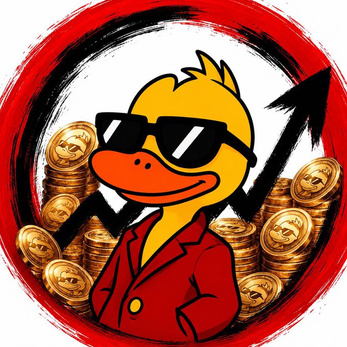 A confident cartoon duck wearing sunglasses and a red blazer is surrounded by stacks of gold coins and a rising black arrow, all framed by a bold red circular brushstroke — symbolizing bullish crypto gains. The image reinforces the post's "Gm ☕️" greeting with a flashy, money-themed vibe that celebrates morning optimism and financial success.