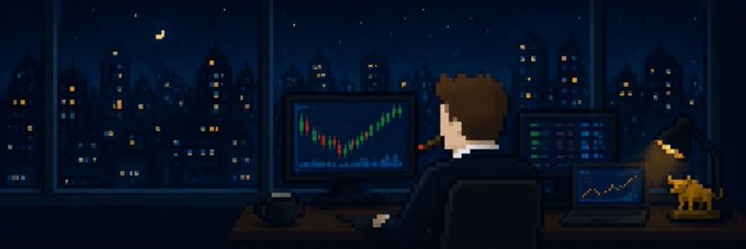 A pixel art illustration of a person sitting at a desk with multiple screens showing candlestick trading charts and a Shiba Inu figurine, set against a nighttime city skyline with a cat on a windowsill.
