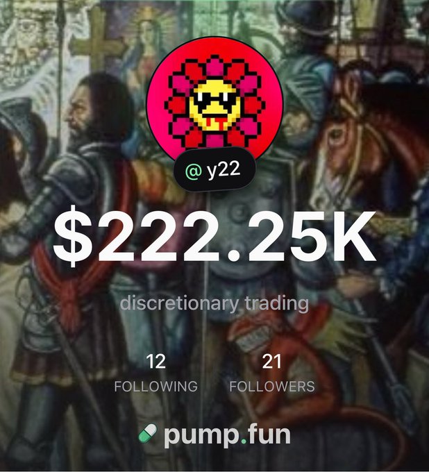 A profile for "@y22" displaying $222.25K in discretionary trading, with 12 following and 21 followers, linked to pump.fun. The post praises pump.fun's mobile app for fast on-chain trading and customizable fees—relevant to the image's featured pump.fun branding and the trader's reported $222.25K earnings.