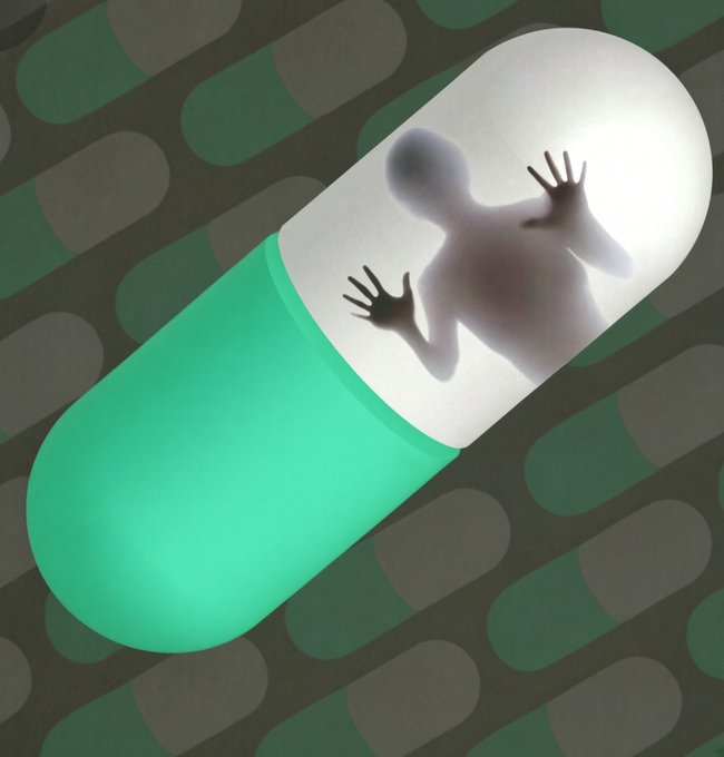 A green and white pharmaceutical capsule contains the silhouette of a human figure pressing against its translucent top, set against a background of repeating pill patterns. The image metaphorically connects to the post's call-to-action about accessing money through the @pumpfun app, using the capsule imagery to symbolize both "unlocking" and "claiming" a free trial.