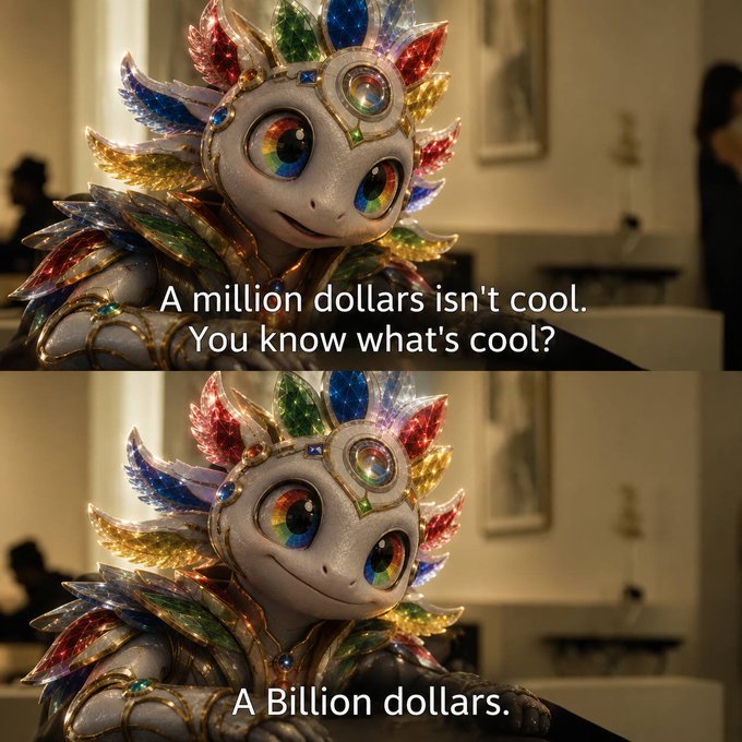 A colorful lizard-like creature adorned with gemstones delivers the famous line: 'A million dollars isn't cool. You know what's cool? A Billion dollars.'
