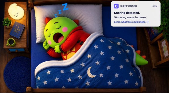 A colorful 3D illustration of a green character sleeping in bed under a starry blue blanket, accompanied by a 'Sleep Coach' notification reading 'Snoring detected. 16 snoring events last week.'