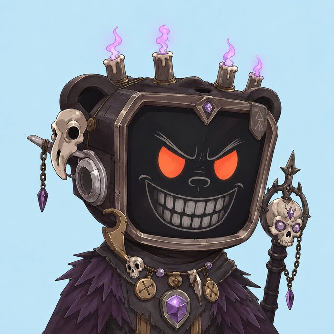 A digital illustration of a menacing character with a retro television for a head featuring glowing red eyes and a wide grin, topped with lit candles and adorned with skull and dark fantasy accessories.