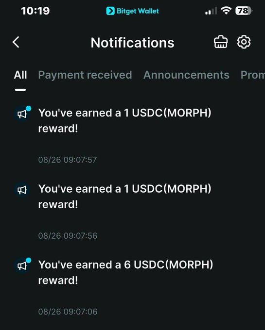 The image shows a Bitget Wallet notifications screen displaying three reward alerts for USDC(MORPH) earnings of 1, 1, and 6 USDC, timestamped on 08/26. This visually confirms the post's claim of earning a total of $8 USDC through the Bank Transfer promotion referenced by the author.