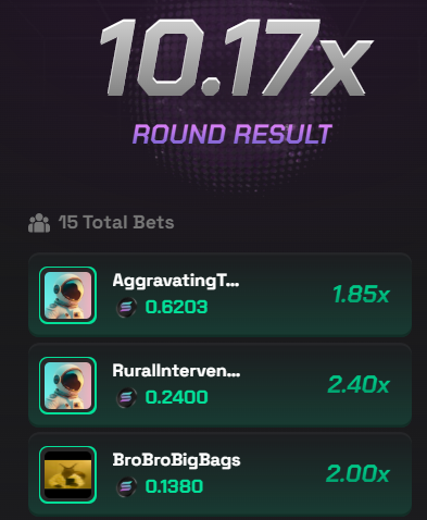 This image shows a "ROUND RESULT" of 10.17x with 15 total bets, including individual results for "AggravatingT...", "Rurallnterven...", and "BroBroBigBags". The accompanying post is promoting a Kick stream and offering Stake rewards for retweets, likes, and SOL address drops.