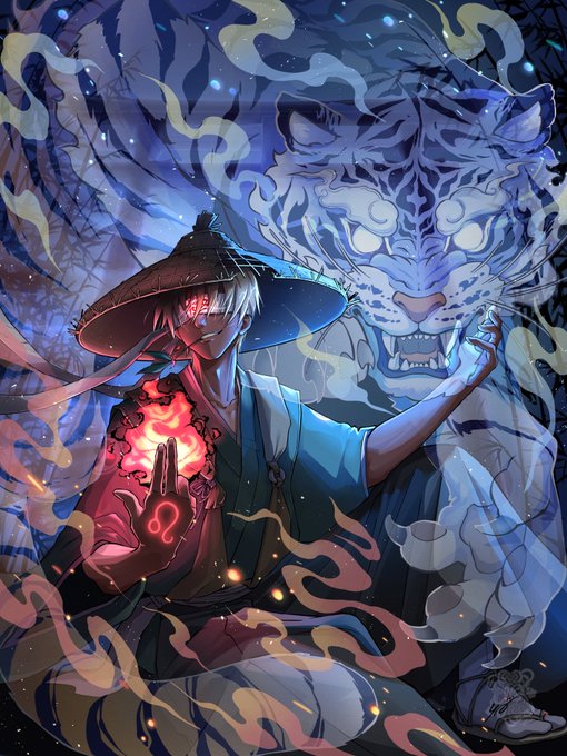 An anime-style digital illustration depicting a figure in traditional Japanese clothing with glowing red energy around their hand, posed in front of a large, ethereal white tiger with piercing eyes amid swirling blue and purple smoke.