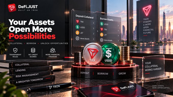 A DeFi.JUST promotional banner for a TRON-based financial platform, showing crypto tokens (TRX, USDD) and options to deposit collateral and borrow assets.
