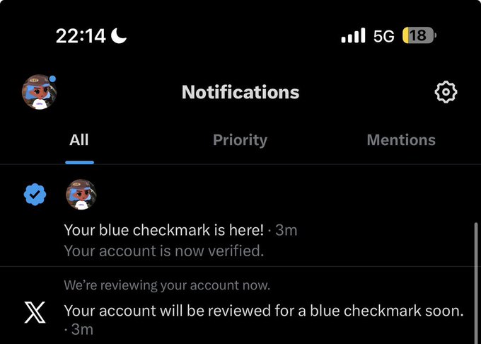 A smartphone screenshot of a Notifications screen at 22:14 on a 5G network, displaying messages from X (Twitter) about a 'blue checkmark' being available and an account review process.