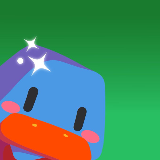 A cartoon illustration of a blue duck-like character with a large orange beak, pink cheeks, and sparkling stars near its purple head, set against a green background.