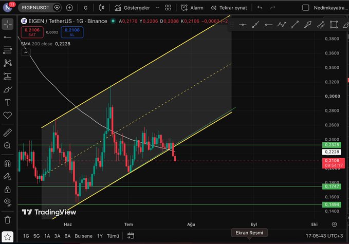 A cryptocurrency trading chart on TradingView shows the EIGEN/USDT pair on Binance, featuring red and green candlesticks, trend lines, and a SMA 200 indicator at 0.2228.