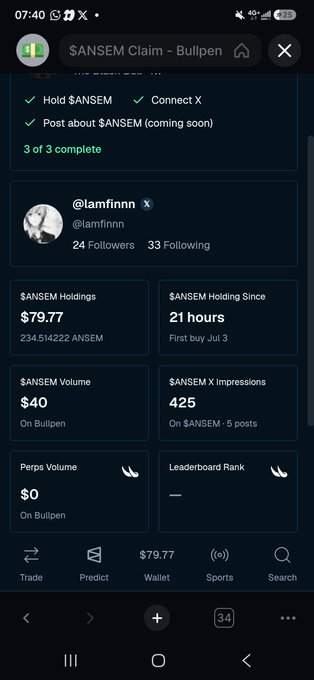 A screenshot of a Bullpen $ANSEM Claim page showing user @lamfinnn's stats, including $79.77 in $ANSEM holdings (234.514222 ANSEM), $40 volume, and a holding period of 21 hours since their first buy on Jul 3, with all 3 tasks (Hold $ANSEM, Connect X, Post about $ANSEM) marked complete—visually supporting the poster's claim of quickly profiting after rotating SOL into $ANSEM.