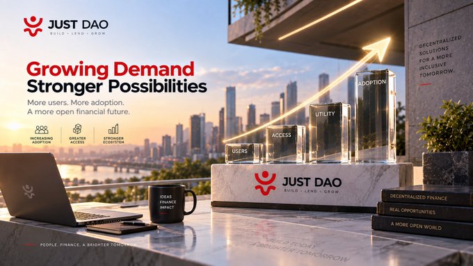 A promotional banner for JUST DAO featuring the tagline 'Growing Demand Stronger Possibilities' with a glass staircase displaying the words USERS, ACCESS, UTILITY, and ADOPTION leading upward to an arrow.